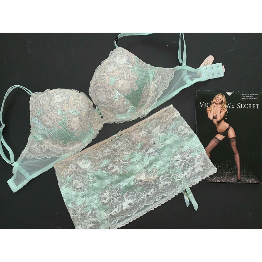Victoria's Secret 34D,34DD,36B,36C BRA SET+garter+ROBE White mint SEXY SEDUCTION